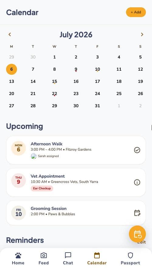 Calendar screen in the Petory app